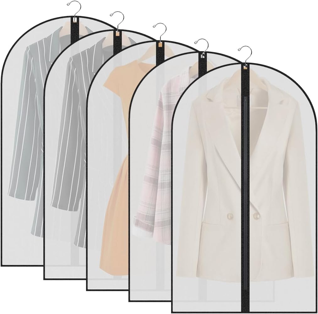 Garment Bags,5PCS Dustproof Garment Covers PEVA Translucent Clothes Covers with Zip Moth Proof Suit Protector Bags Waterproof Dress Covers for Shirts Coats...