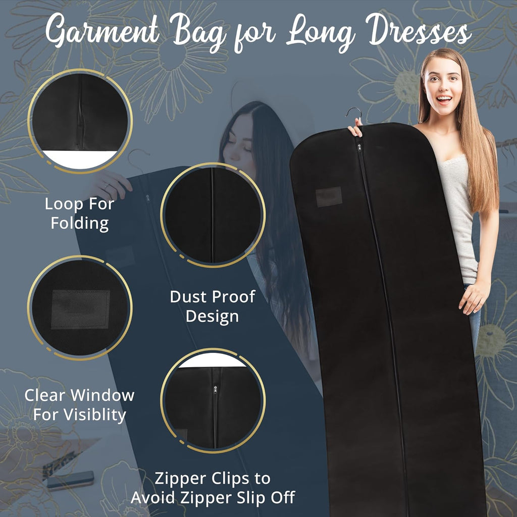 Wedcova Dress Bag | Hanging Garment Bags | Full Length Travel Covers | Wedding Long Clothes Storage Cover with Zipper for Women | 72 Inch (182cm) | Pack of...