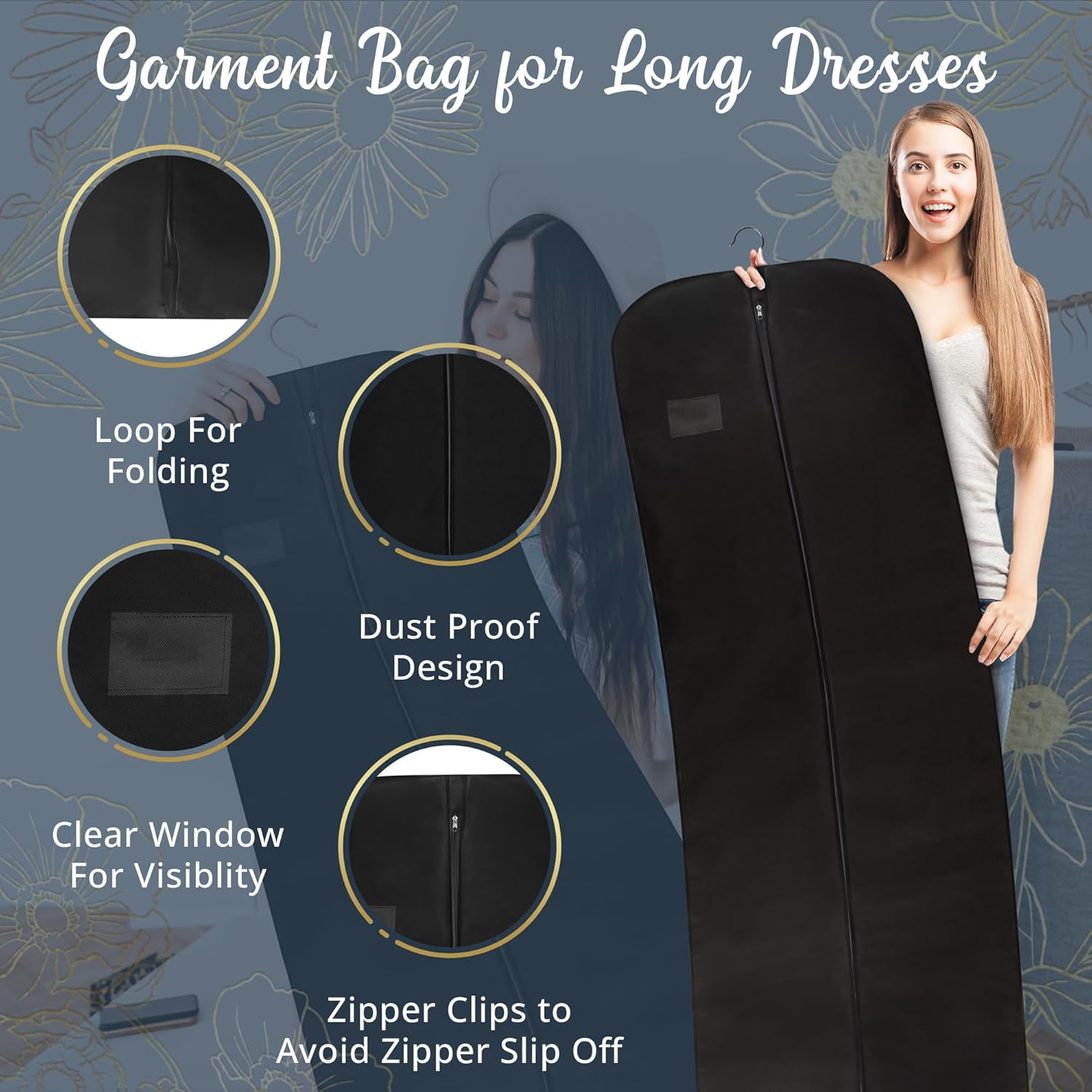 Wedcova Dress Bag | Hanging Garment Bags | Full Length Travel Covers | Wedding Long Clothes Storage Cover with Zipper for Women | 72 Inch (182cm) | Pack of...