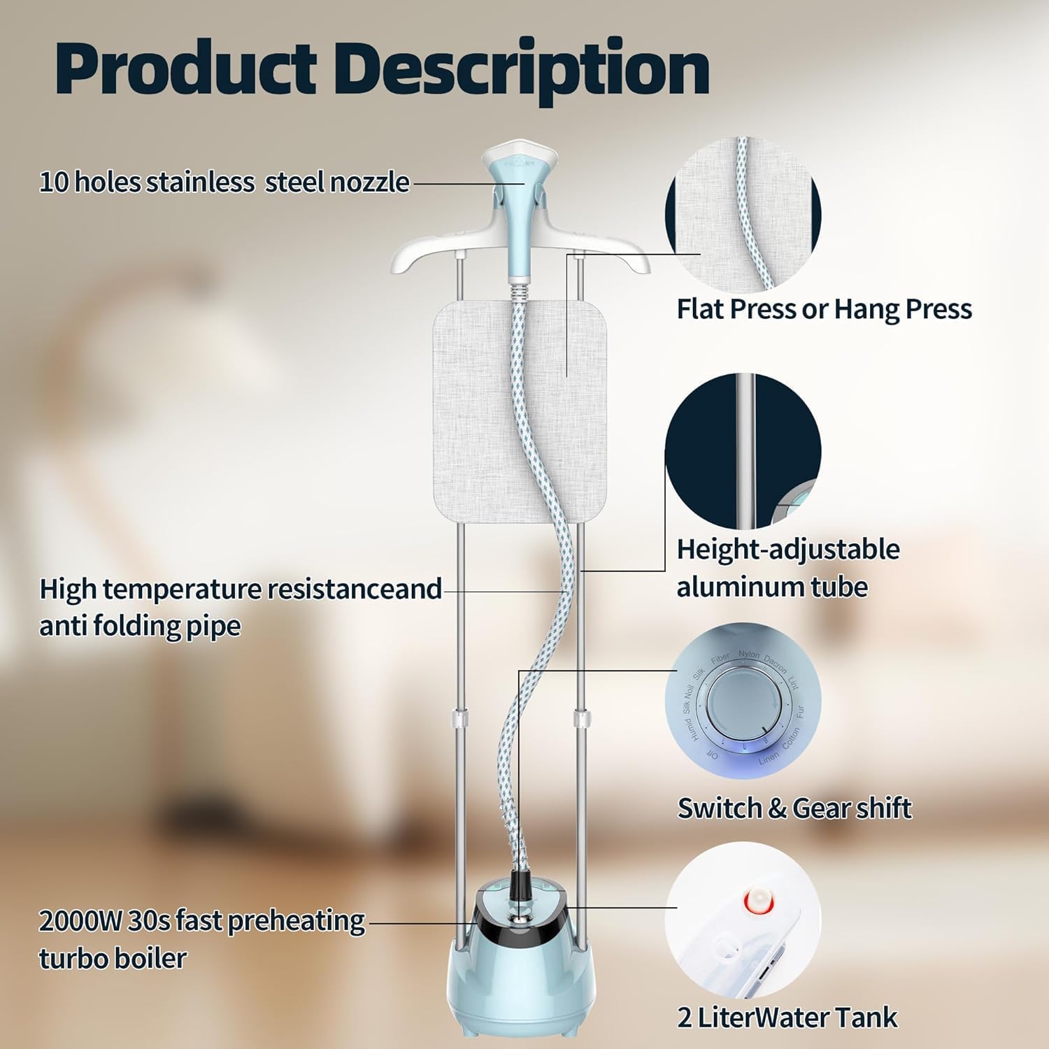 Upright Steamer for Clothes 2000W Turbo Boiler Standing Garment Steamer 2L Water Tank 1h Continuous Steam Flat&Hanging Ironing Double Retractable Rod 10 Modes 30s Fast Preheat for all Fabrics