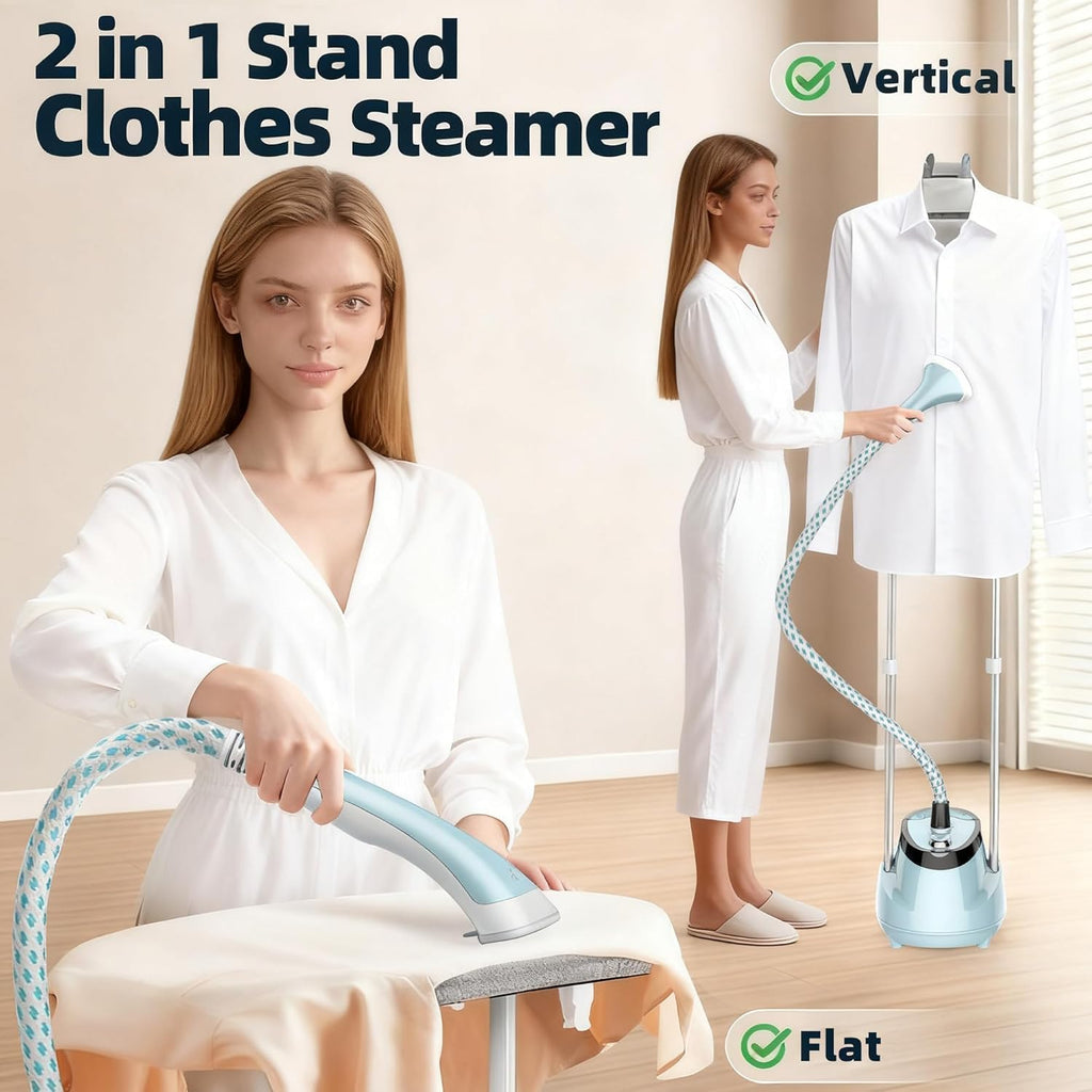 Upright Steamer for Clothes 2000W Turbo Boiler Standing Garment Steamer 2L Water Tank 1h Continuous Steam Flat&Hanging Ironing Double Retractable Rod 10 Modes 30s Fast Preheat for all Fabrics